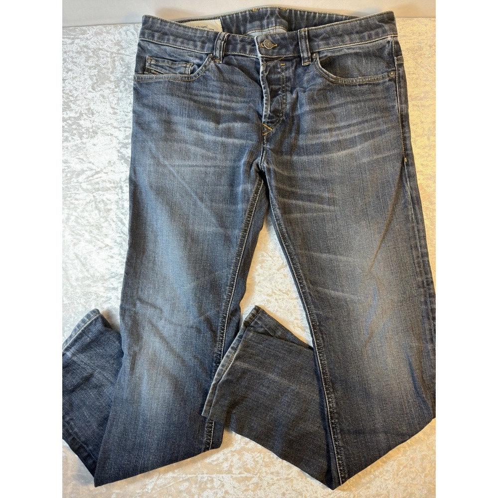 Diesel Jeans Mens 34x30 Blue Denim Straight Leg Stretch Faded Wash Hemmed